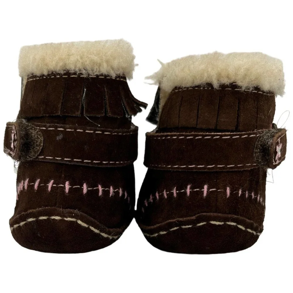 Stride Rite Leather Chincilla Moccasin Booties Embroidered Girls Brown 3